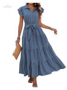 Boho Maxi Dress with Ruffle Sleeves, Belted, Pockets, V-Neck, Tiered